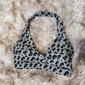 Ryderwear Halter Sports Bra Black and Olive Leopard Print Fabric Size XS